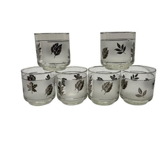 Vintage Libbey MCM Frosted Juice Glasses Set Of 6 Frosted Silver Leaf 3 1/4 tall - Picture 1 of 16